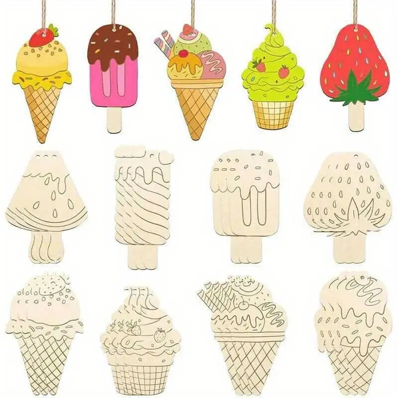 16Pcs Ice Lolly Wooden Crafts Multi Unpainted Hanging Ornmanet For