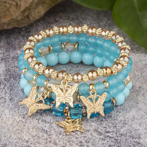 4Pcs Trendy Butterfly Beaded Bracelet Set For Women Pink Acrylic Beads