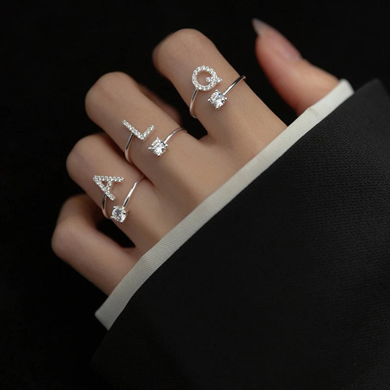 LATS Zircon Initial A-Z Letter Rings for Women Girl Adjustable Opening