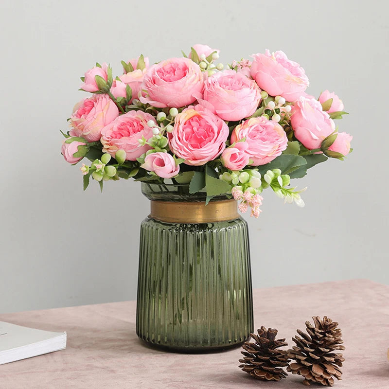 30cm Rose Pink Silk Bouquet Peony Artificial Flower 5 Big Head 4 Small