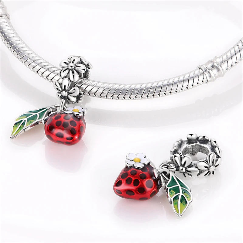 New 925 Silver Color Strawberry Cherry Fruit Series Charms Beads Fit