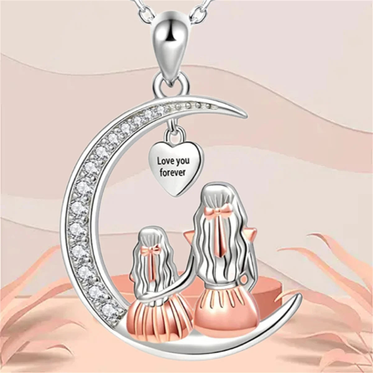 Fashion Mom Daughter Moon Pendant Necklace Love You Forever Heart
