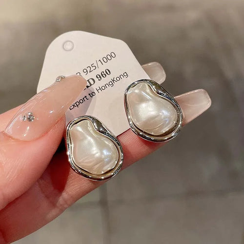 Geometric Irregular Round Metal Pearl Earrings for Women Minimalist