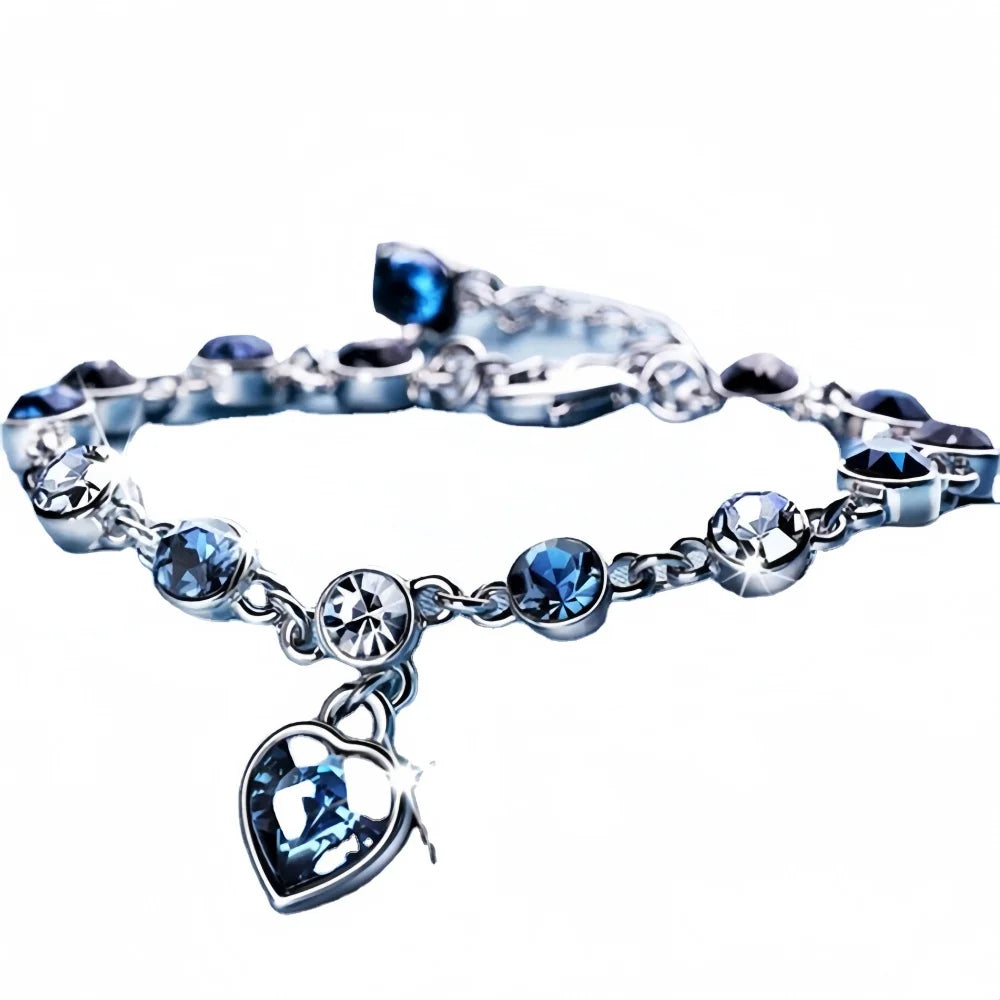 Women Silver Color Lucky Bracelet Female Blue Crystal Heart Charm