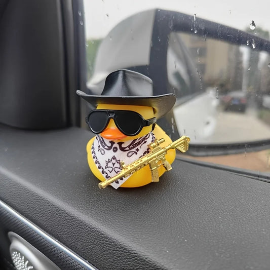 1PC Cute Black Cowboy Hat and Rifle Decor Little Yellow Duck Car