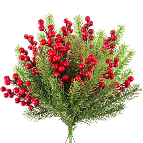 10Pcs Christmas Decoration Artificial Pine Branches Holly Berries Red