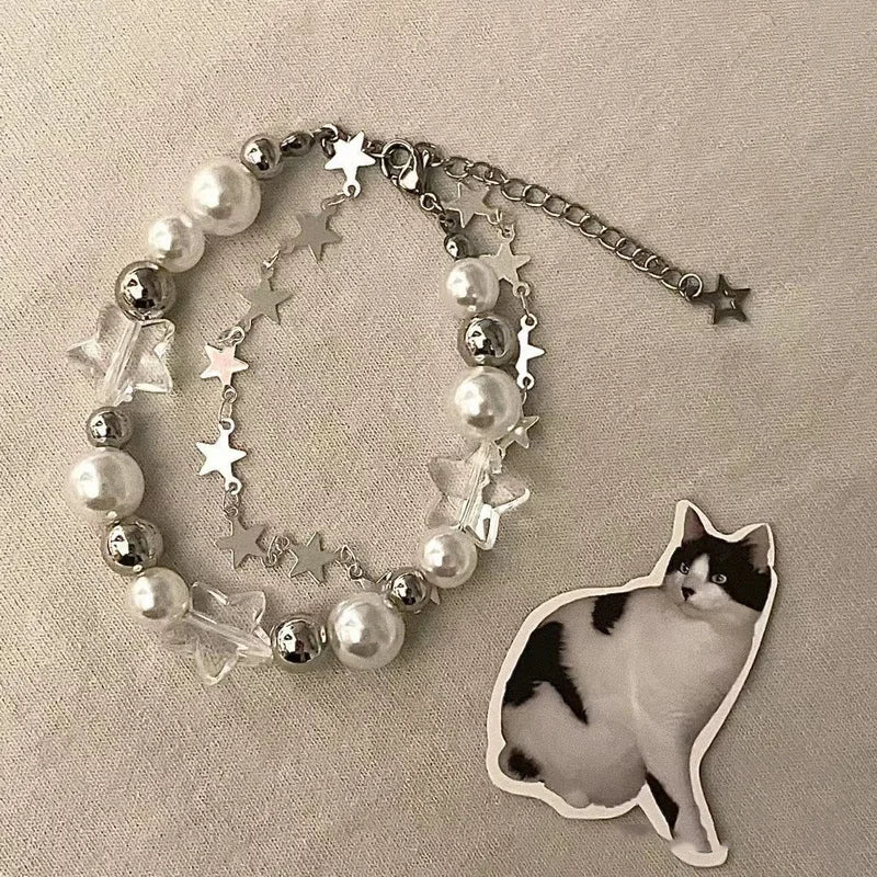 Harajuku Crystal Star Pentagram Pearl Beaded Bracelet for Women