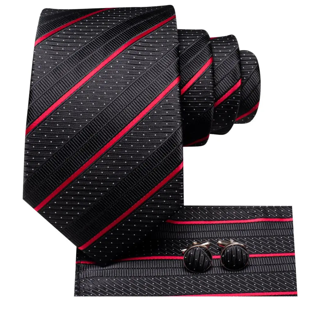 Black Red Striped Silk Wedding Tie For Men Handky Cufflink Gift Men