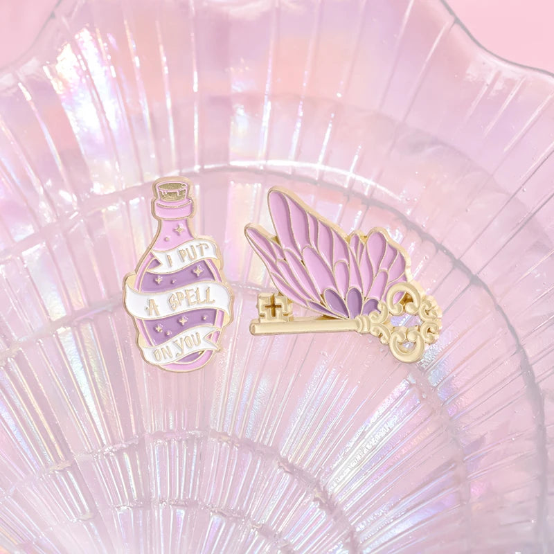 Fantasy Movies Magic Book Butterfly Key Enamel Pins Witch Wizard