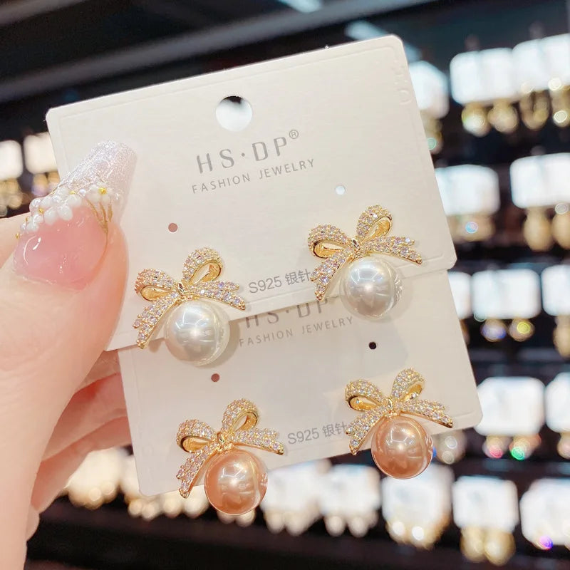 Sparkling Rhinestone Bow Pearl Stud Earrings Light Luxury Fashion