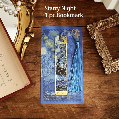 Vintage Oil Painting Metal Bookmarks - Hollow Hot Stamping Long Tassel