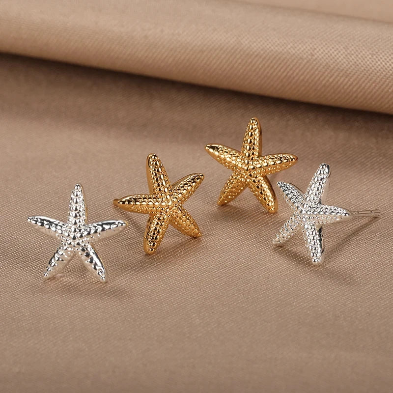 Vintage Summer Starfish Stainless Steel Stud Earrings For Women Simple