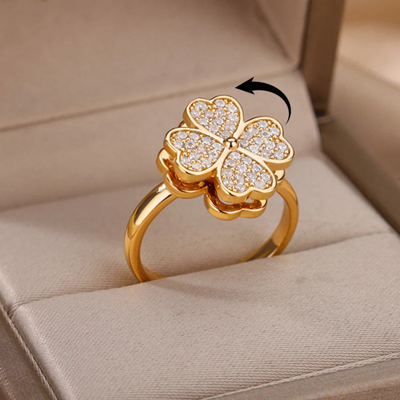 Spinner Zircon Heart Four Leaf Clover Rings For Women Stainless Steel