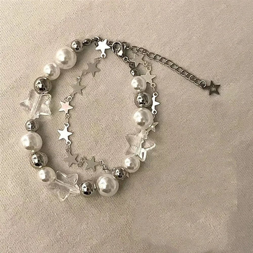 Harajuku Crystal Star Pentagram Pearl Beaded Bracelet for Women