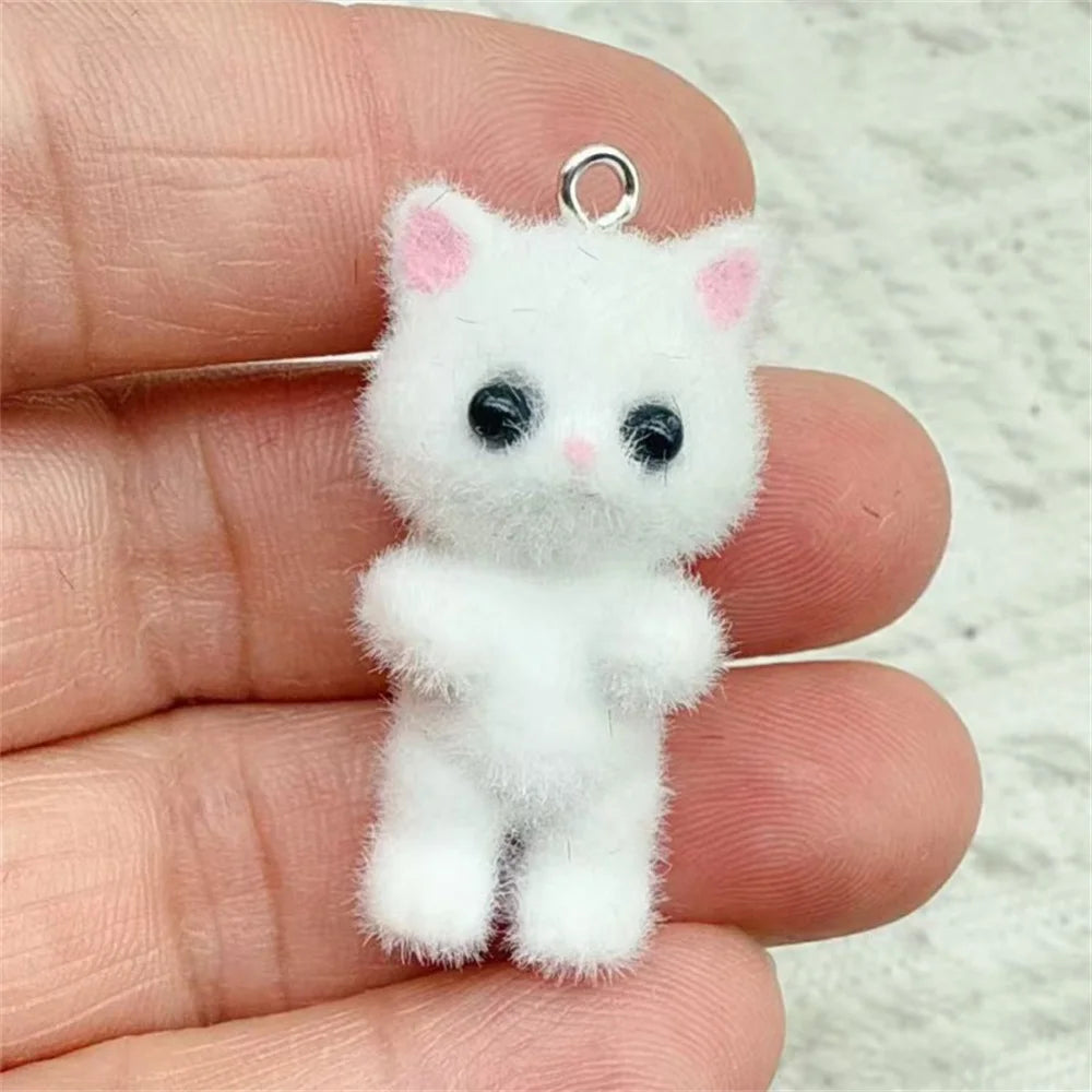 4pcs Kawaii 3D Fluffy Flocking Resin Cat Animal Charms Pendant