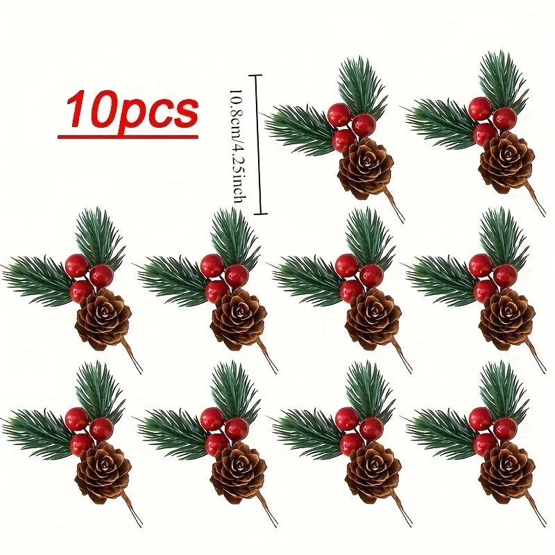 10pcs Set of Artificial Pine Cones and Red Berries - Perfect for