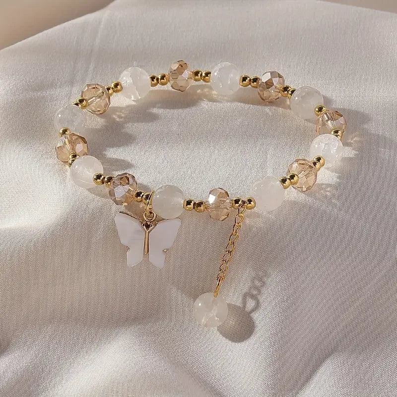 Purple Butterfly Charm Beaded Stretch Bracelet For Women Multi Color