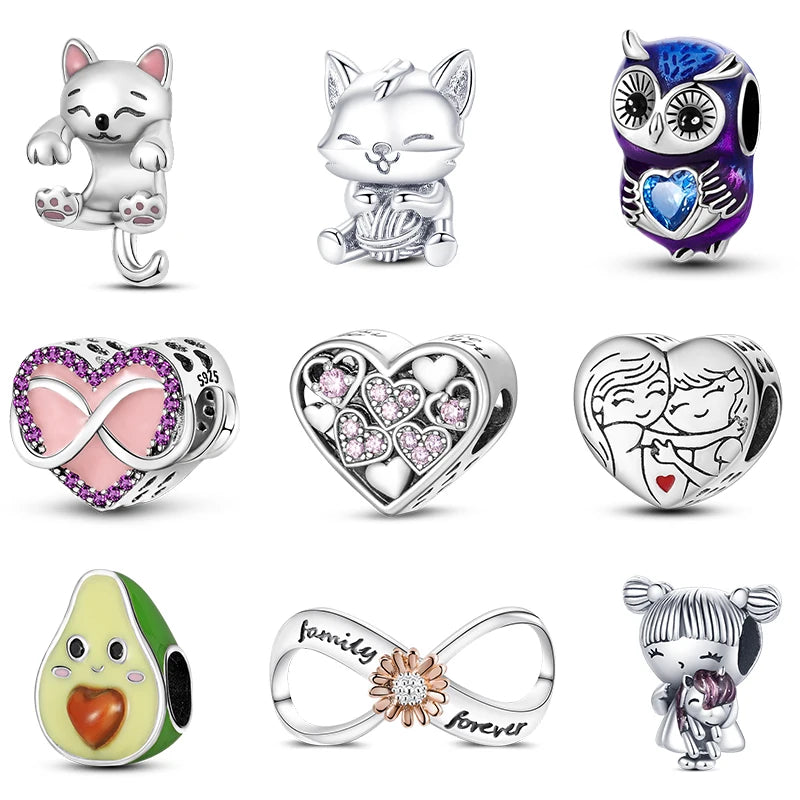 Fit Original 925 Sterling Silver Charms Beads Cute Cat Avocado Purple