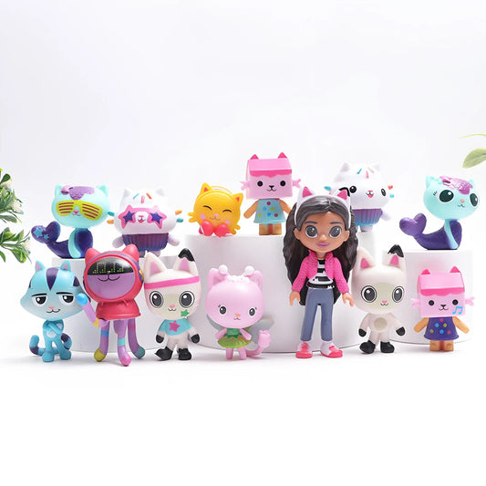 13pcs Gabby Dollhouse Anime Figure Toy Smiling Car Cat Hug Gaby Girl