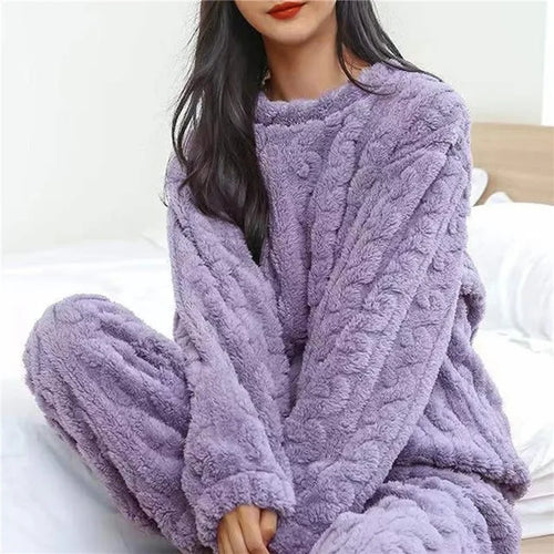 Soft Coral Velvet Jacquard Warm Pajama Set for Women Cozy Loungewear