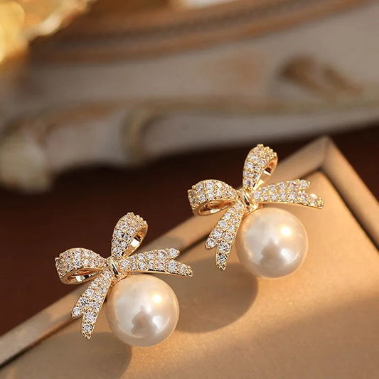 Sparkling Rhinestone Bow Pearl Stud Earrings Light Luxury Fashion