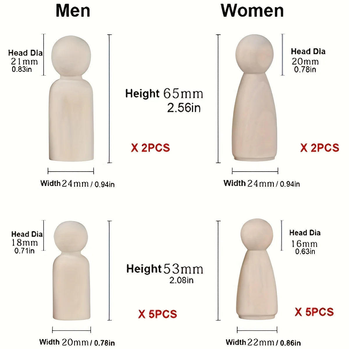 50 Pack Unfinished Wooden Peg Dolls, Peg People, Doll Bodies, Wooden