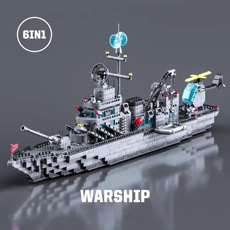 1560pcs 6 IN 1 Military Navy Ship Sets Building Blocks War Army Boat