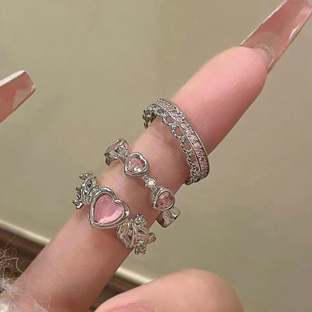2PCS Fairy Sparkling Crown Rings for Women Teen Crystal Korean