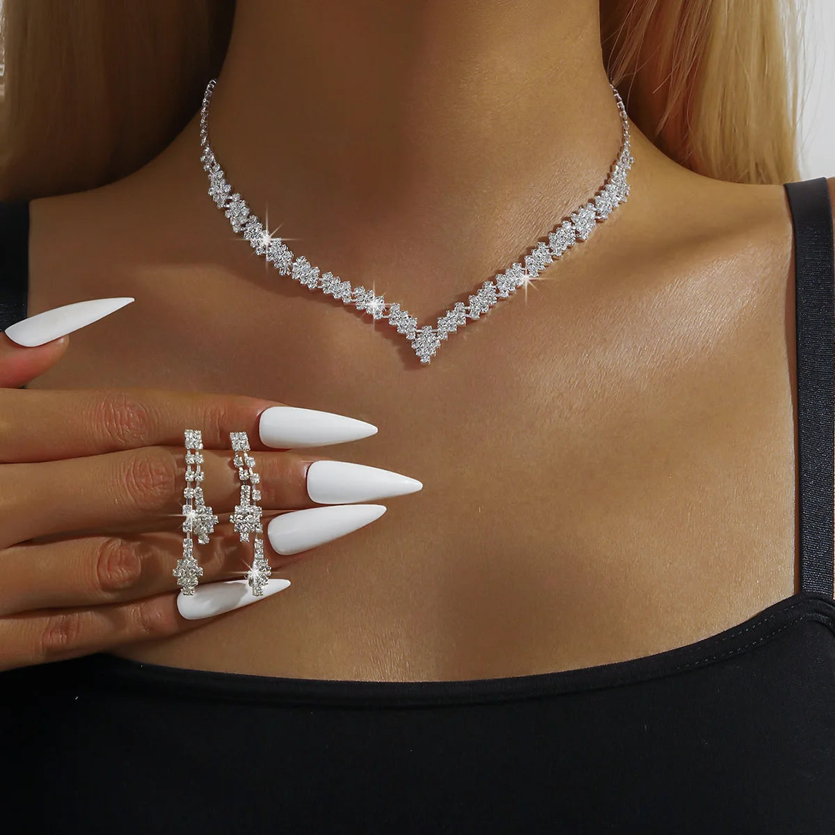 Fashionable silver plated rhinestone folding tassel earrings necklace,