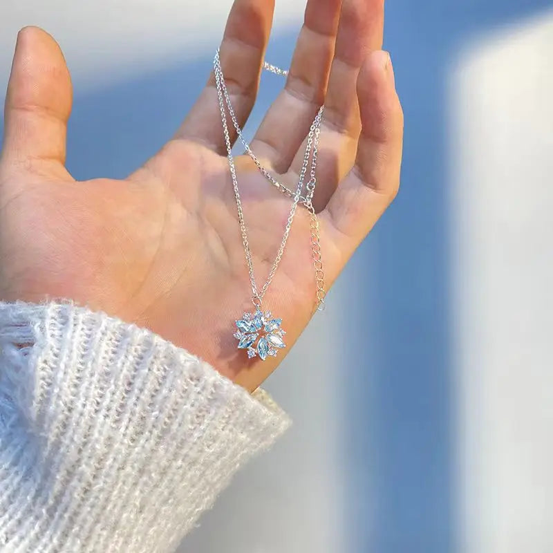 Fashion Blue Snowflake Flower Pendant Choker Necklace for Women's