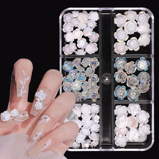 3D White Aurora Camellia Nail Art Charms Rhinestones 90PCS Jewelry