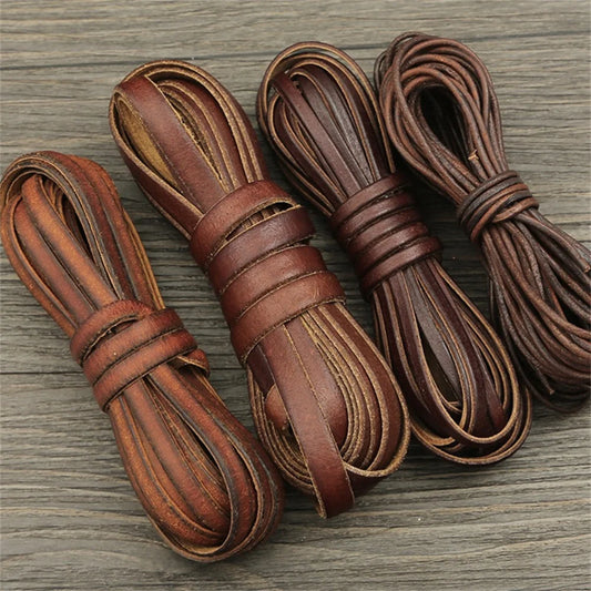 2m Vintage Cowhide Leather Cord Strip Round/Flat Rope String DIY