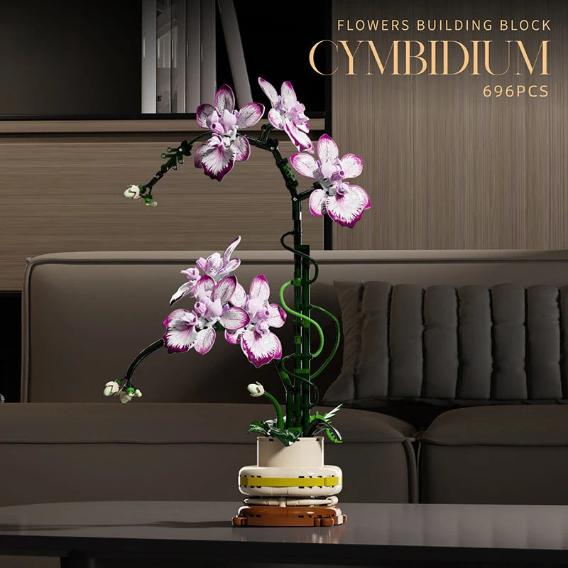 Creative Orchid Cymbidium Eternal Flowers Potted Plant Building Blocks