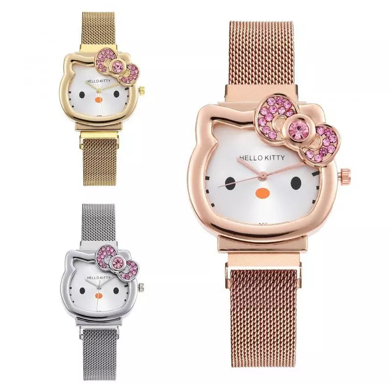 Hello Kitty Diamond  Watch Cat Bow Kawaii Pink Ladies Gold Sliver