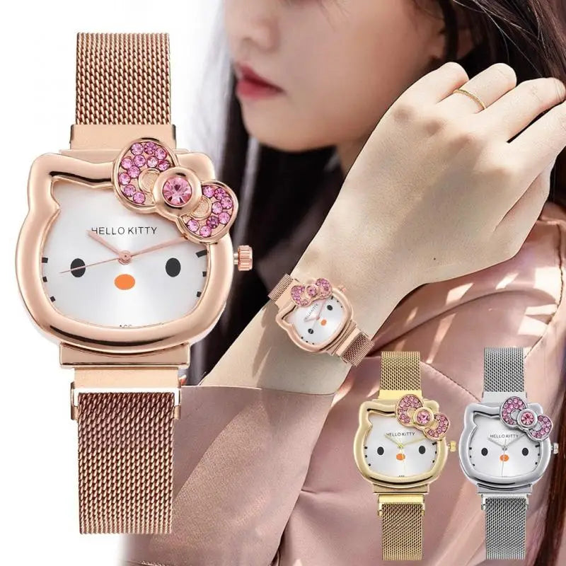 Hello Kitty Diamond  Watch Cat Bow Kawaii Pink Ladies Gold Sliver