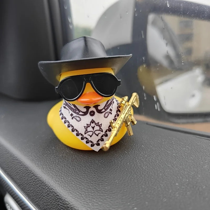 1PC Cute Black Cowboy Hat and Rifle Decor Little Yellow Duck Car