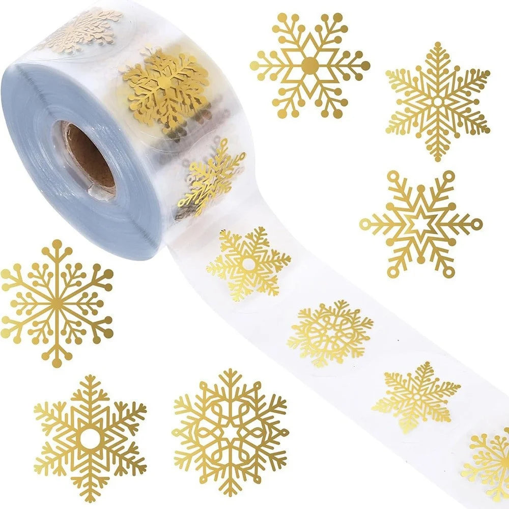 500pcs/Roll Golden Snowflake Christmas Stickers Transparent