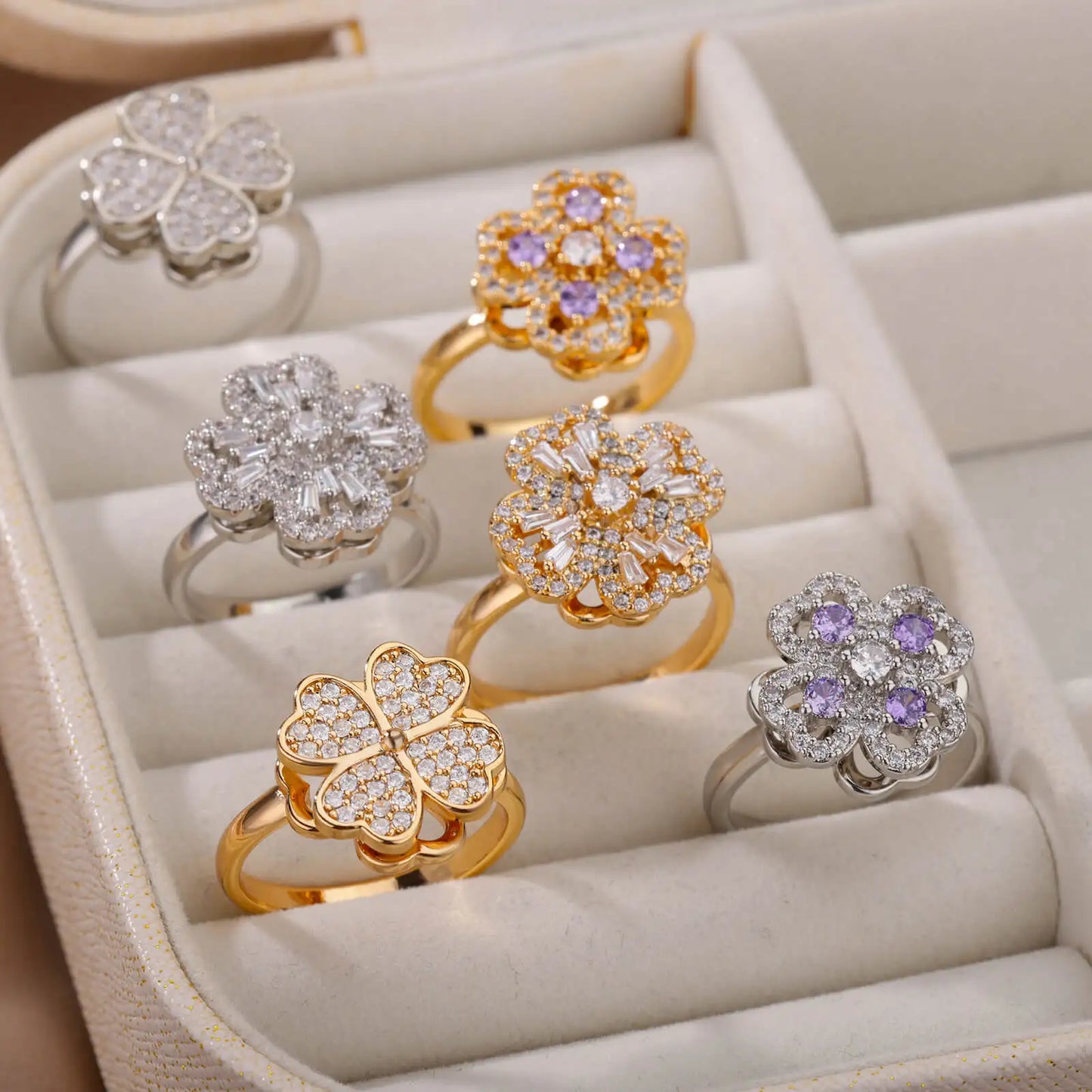 Spinner Zircon Heart Four Leaf Clover Rings For Women Stainless Steel