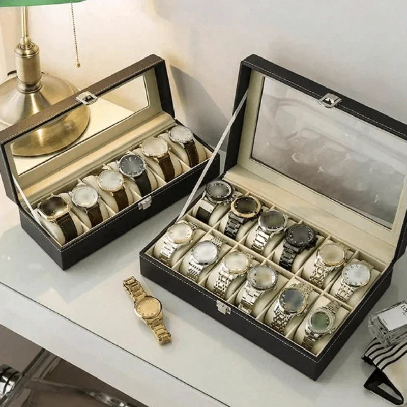 Luxury Watch Organizer Box,Faux Leather, Transparent Lid For Display,