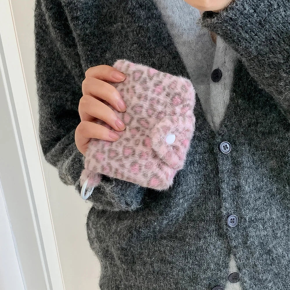 New Fashion Plush Leopard Pattern Snap Card Bag for Girls Mini Storage