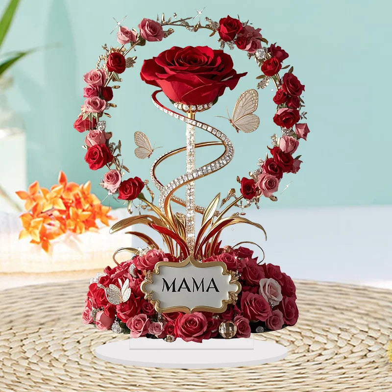 2D Acrylic Ornament Red Rose MOM Pattern Roses Mother Flat Elegant
