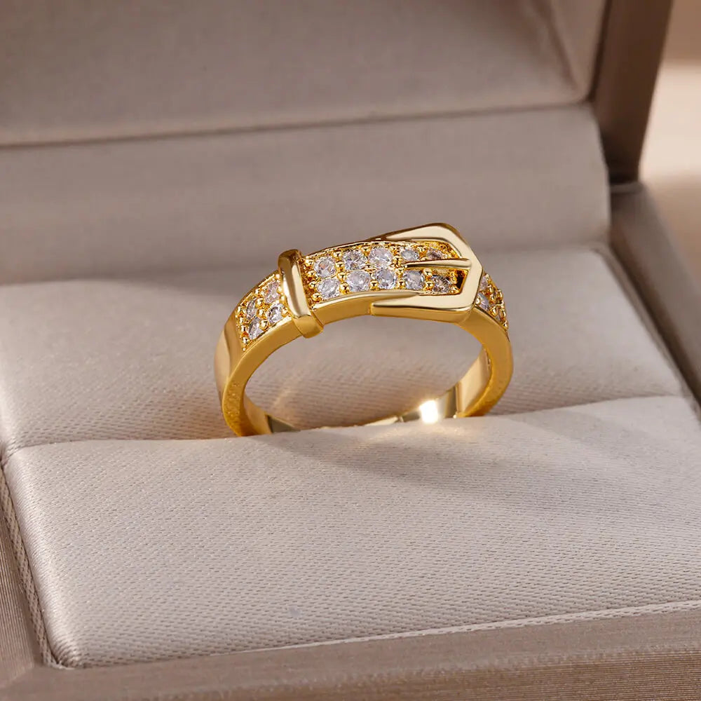 Stainless Steel Belt Rings For Women Zircon Adjustable Belt Finger