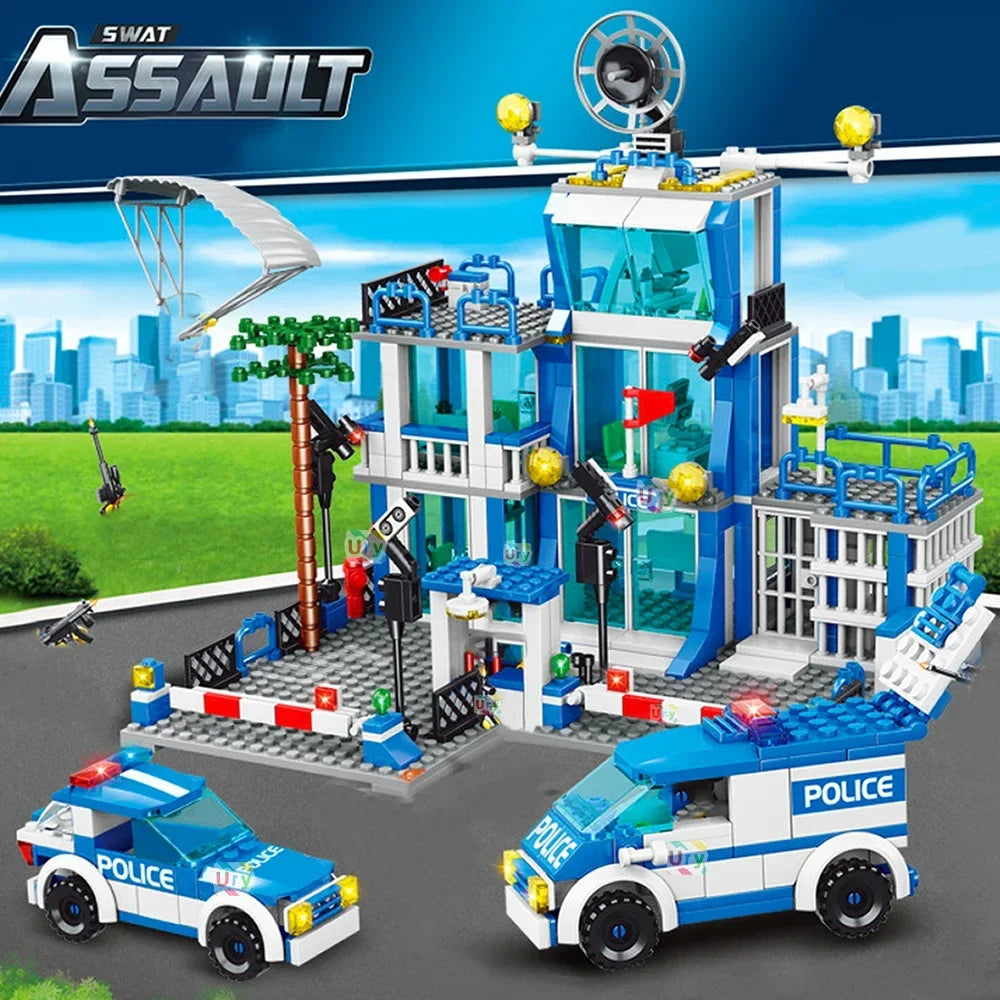 City police station building block group boy DIY car brick police