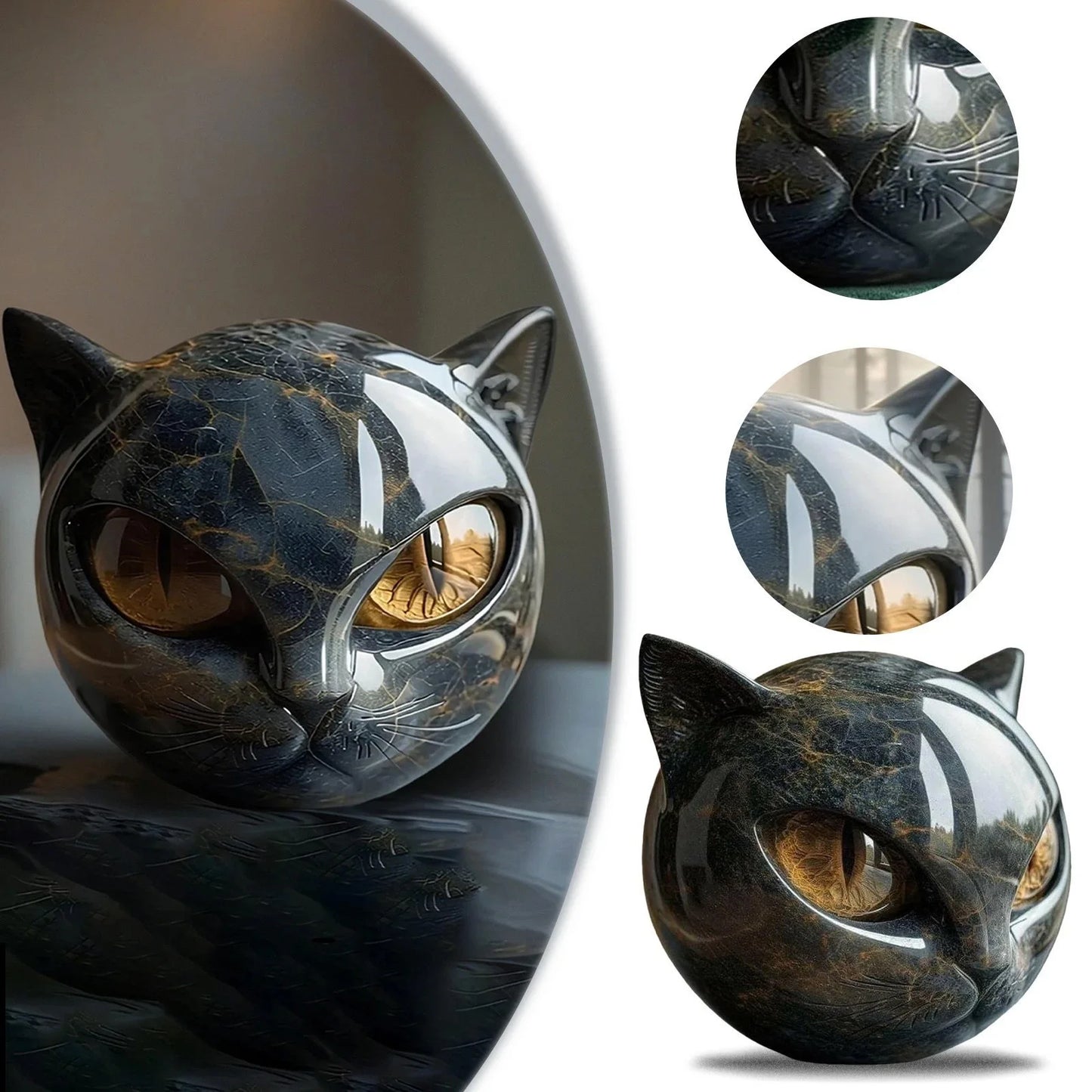 Decorative Black Cat Stone Figurine Resin Cat Head Healing Stone