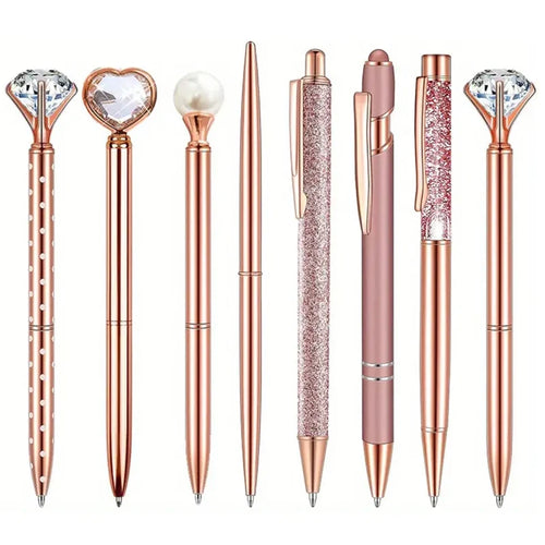 8pcs Rose Golden Ballpoint Pen Set - Stylish Metal Pens with Crystal