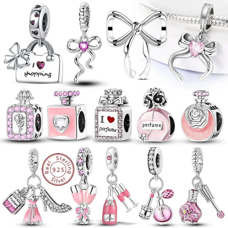 Fit Original 925 Sterling Silver Charms Beads Bow Perfume Bottle Pink