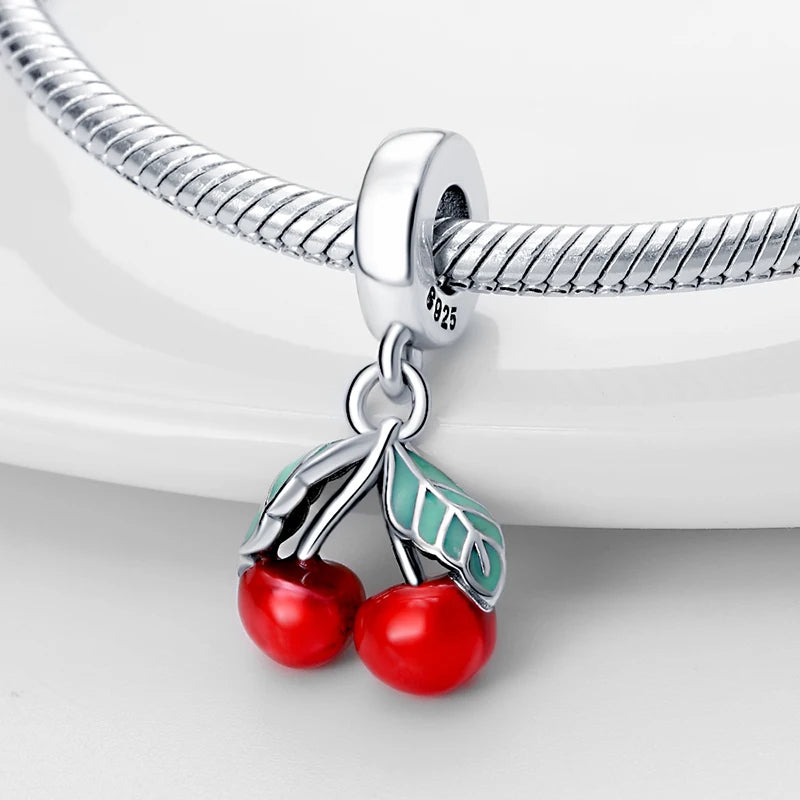 New 925 Silver Color Strawberry Cherry Fruit Series Charms Beads Fit