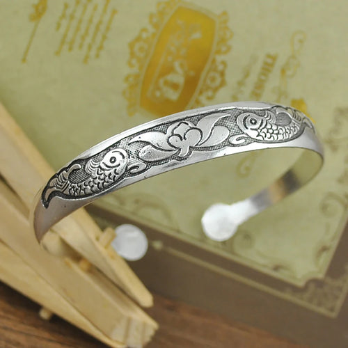 New Retro Cuff Bracelets Tibetan Silver Metal Carving Fish Elephant