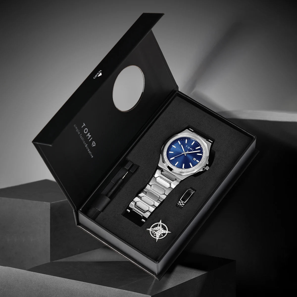 TOMI Luxury Business Men's Watch Gift Box Set High Quality Rose Gold