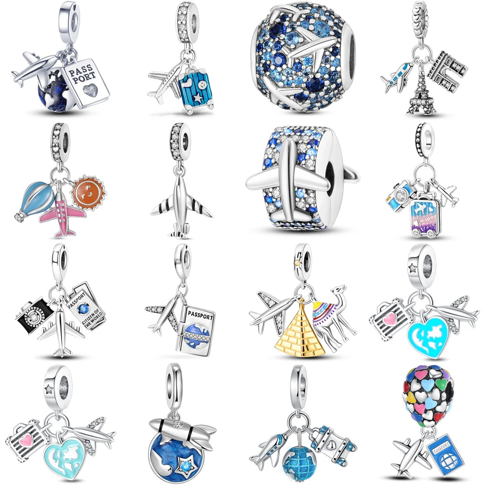 925 Silver Travel Airplane Passport Charms Beads Pendants Fit Original